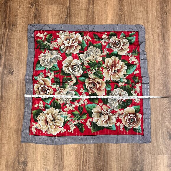 Oscar De La Renta Red Floral Silk Scarf Metallic Threading - Picture 8 of 11